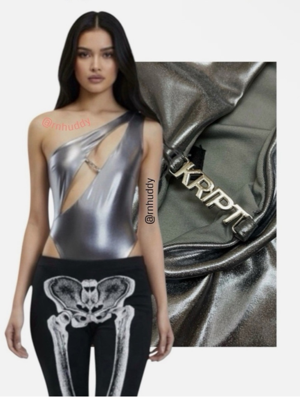 THE KRIPT Metallic Silver One-Shoulder Cutout Bodysuit